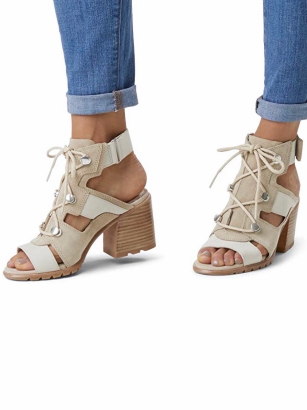 NWOB Sorel Nadia Strappy Lace-Up Suede Sandals Ancient Fossil Size 6.5